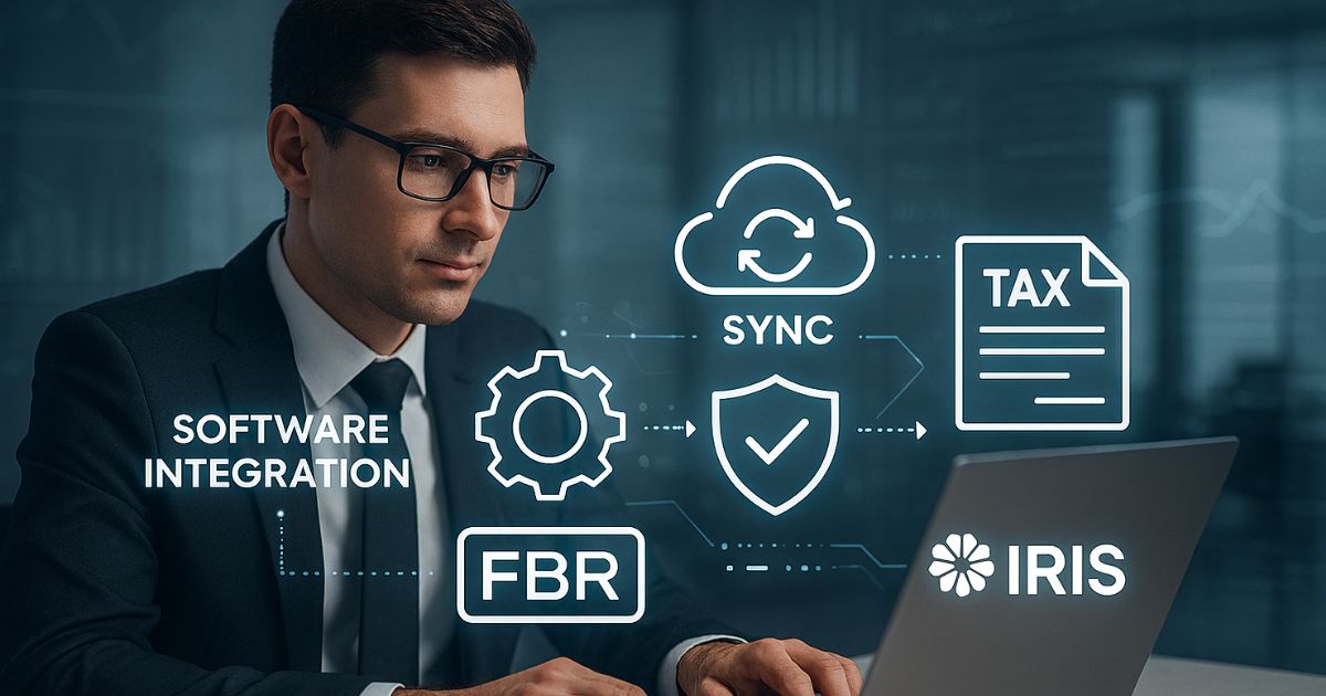 Professional dashboard showing FBR IRIS integration with real-time tax data synchronization and compliance features for businesses